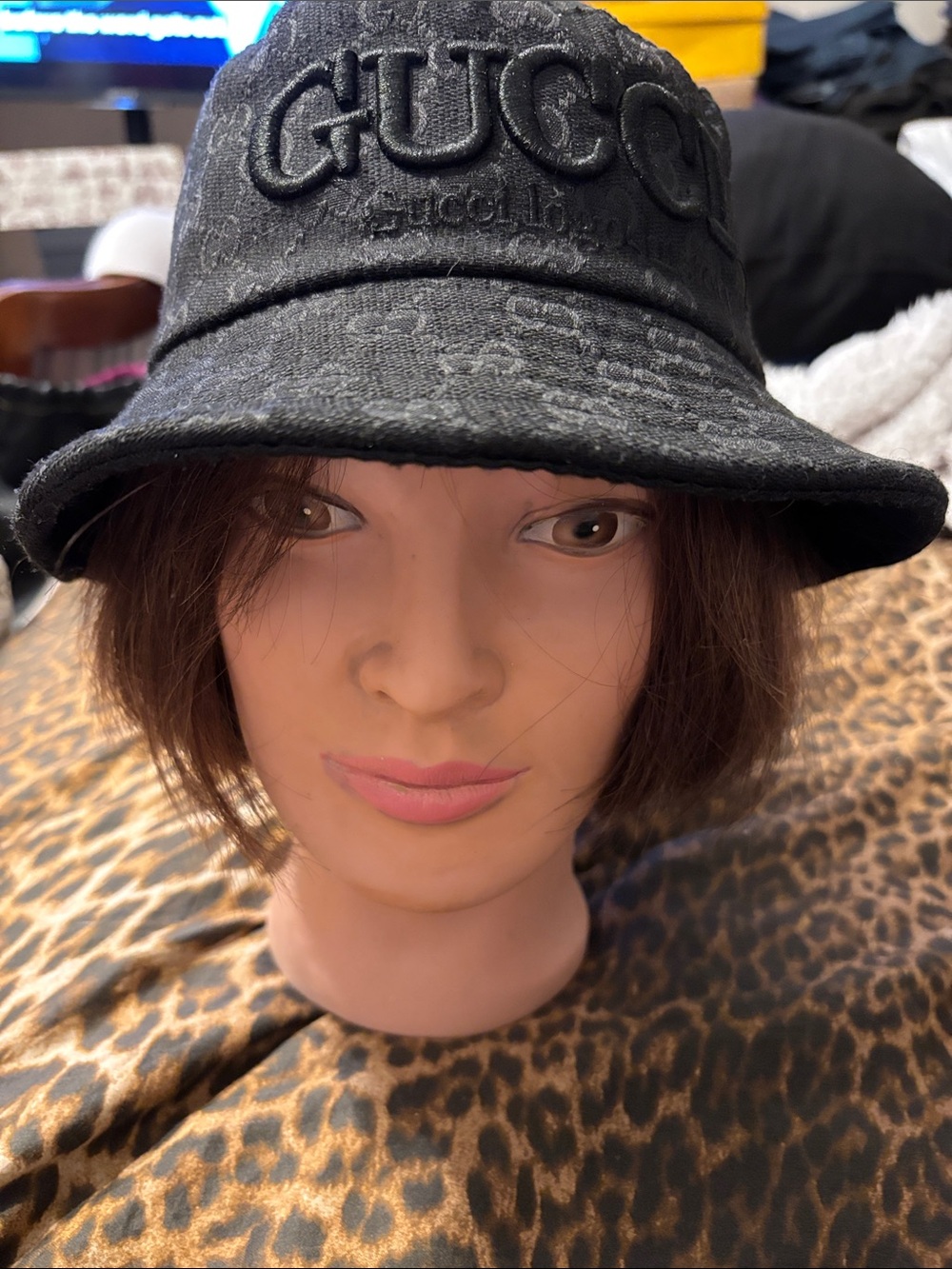 Black Embroidered Logo Bucket Hat with Monogram Texture